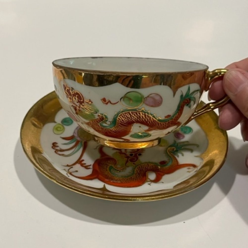 AntiqueChinese Dragon Phoenix Egg shell Porcelain Teacup Saucer Gold gilt trim